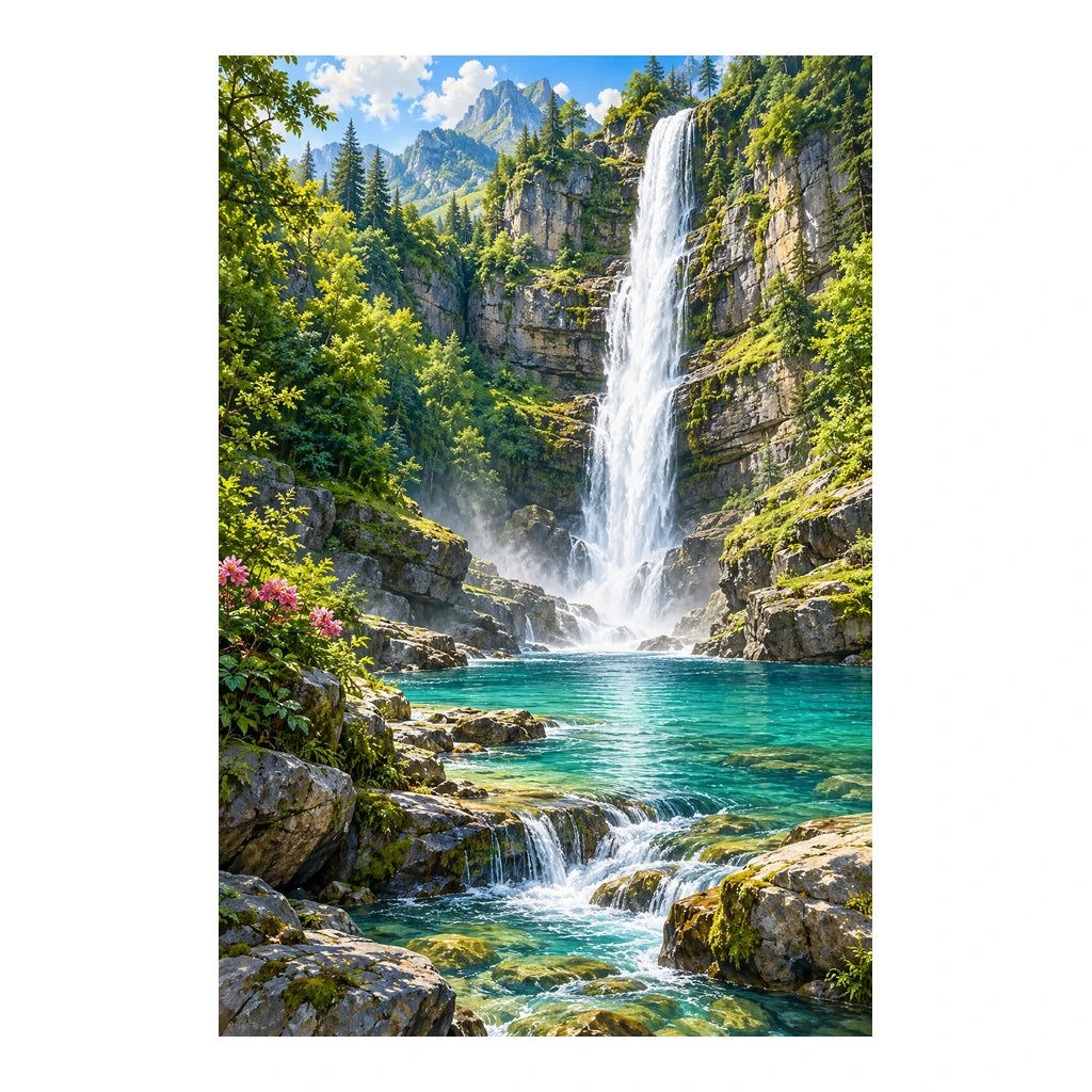 Original white-background artwork of a tall waterfall in a mossy forest gorge