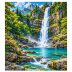 Finished diamond painting of a waterfall cascading through a mossy forest gorge