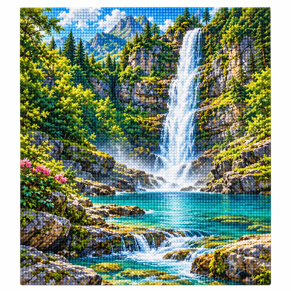 Finished diamond painting of a waterfall cascading through a mossy forest gorge