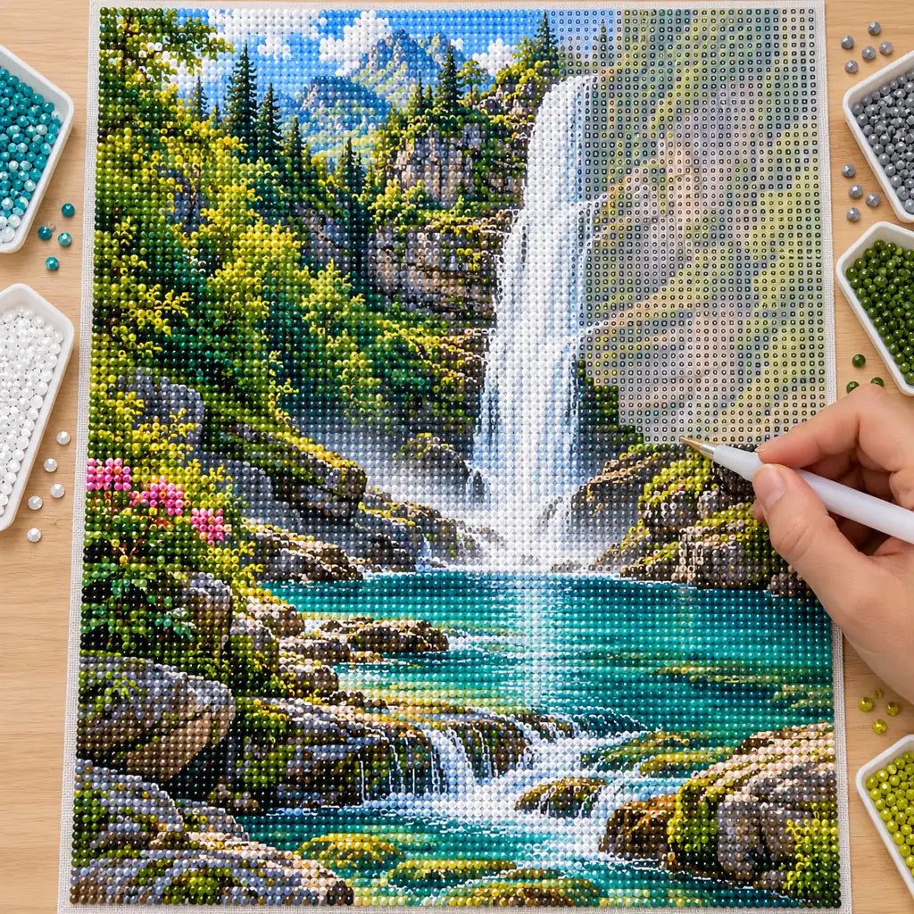 Hands placing drills on the waterfall moss gorge diamond painting canvas