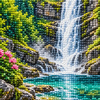 Close-up of sparkling drills on the waterfall, forest rocks, and moss