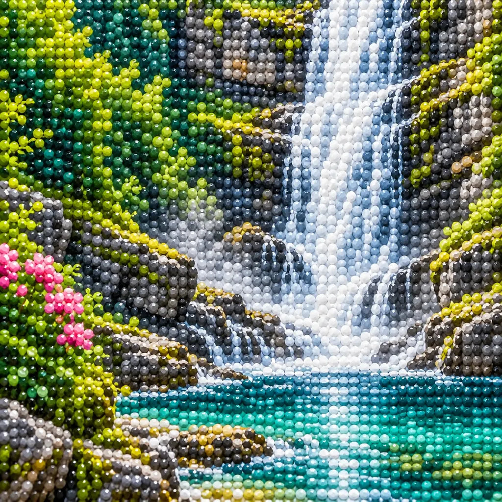 Close-up of sparkling drills on the waterfall, forest rocks, and moss