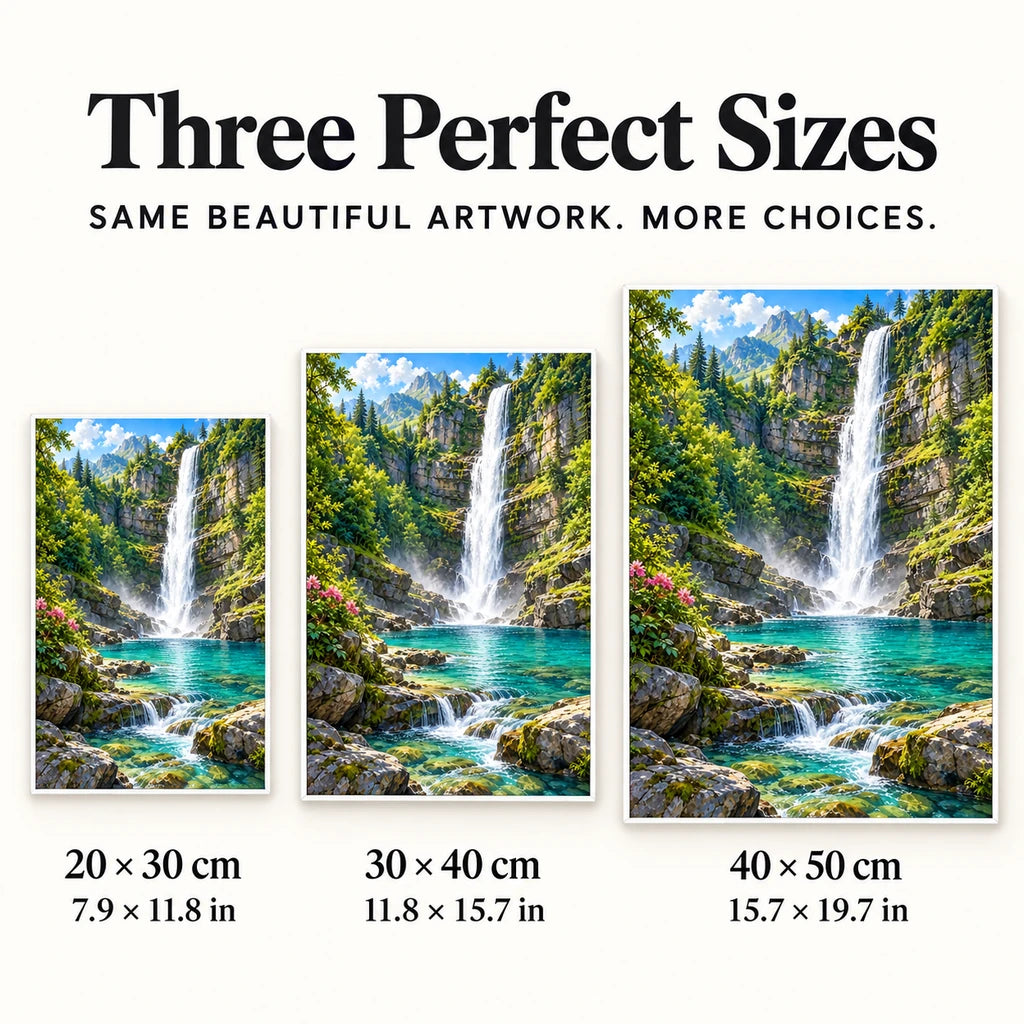 Waterfall moss gorge diamond painting in 20 by 30, 30 by 40, and 40 by 50 centimeter sizes
