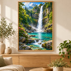 Framed waterfall moss gorge diamond painting displayed in a home interior