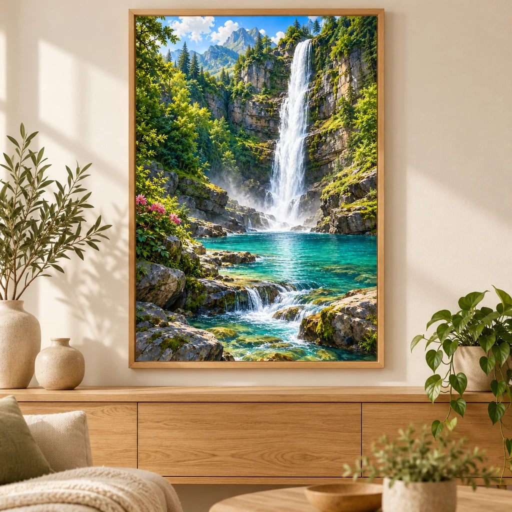 Framed waterfall moss gorge diamond painting displayed in a home interior