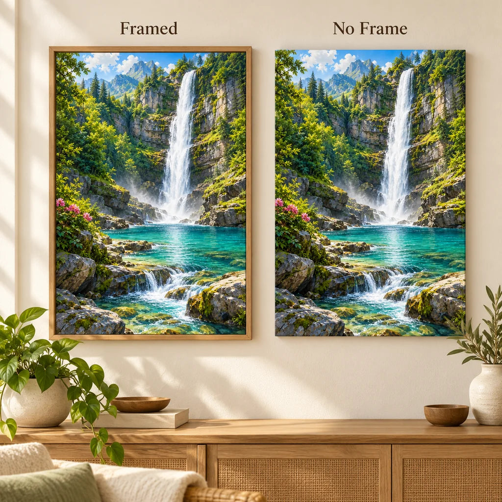 Framed and no-frame options for the waterfall moss gorge diamond painting