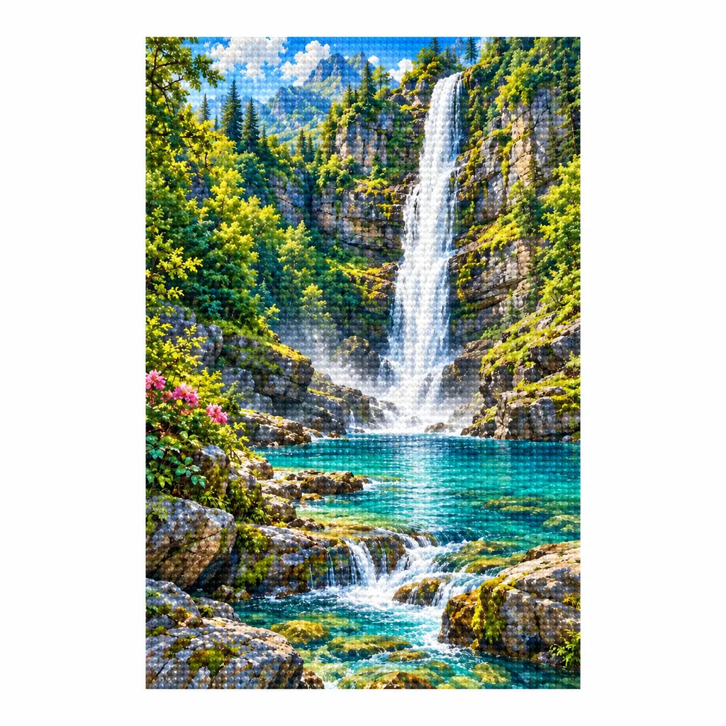 Finished diamond painting of a waterfall cascading through a mossy forest gorge