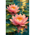 Pink water lilies on a reflective pond: original artwork on a white background