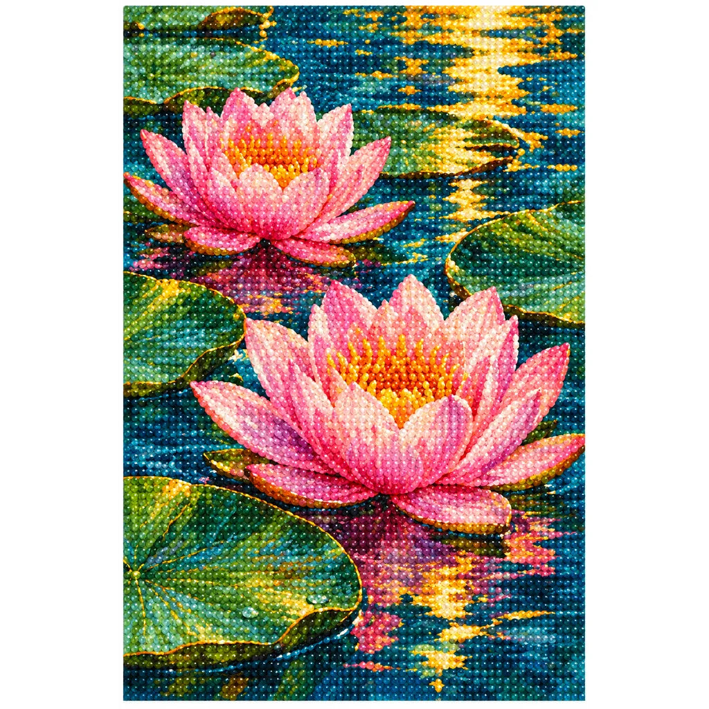 Pink water lilies on a reflective pond: finished diamond painting on a white background