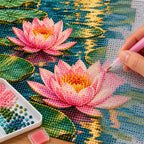 Pink water lilies on a reflective pond: diamond painting being completed with a pen