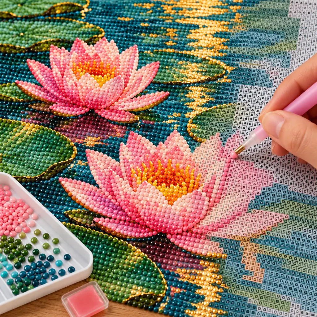 Pink water lilies on a reflective pond: diamond painting being completed with a pen