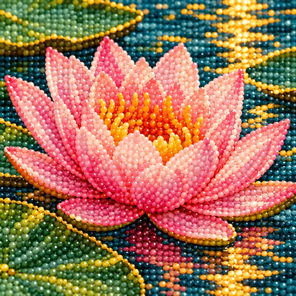 Pink water lilies on a reflective pond: close-up of diamond drills