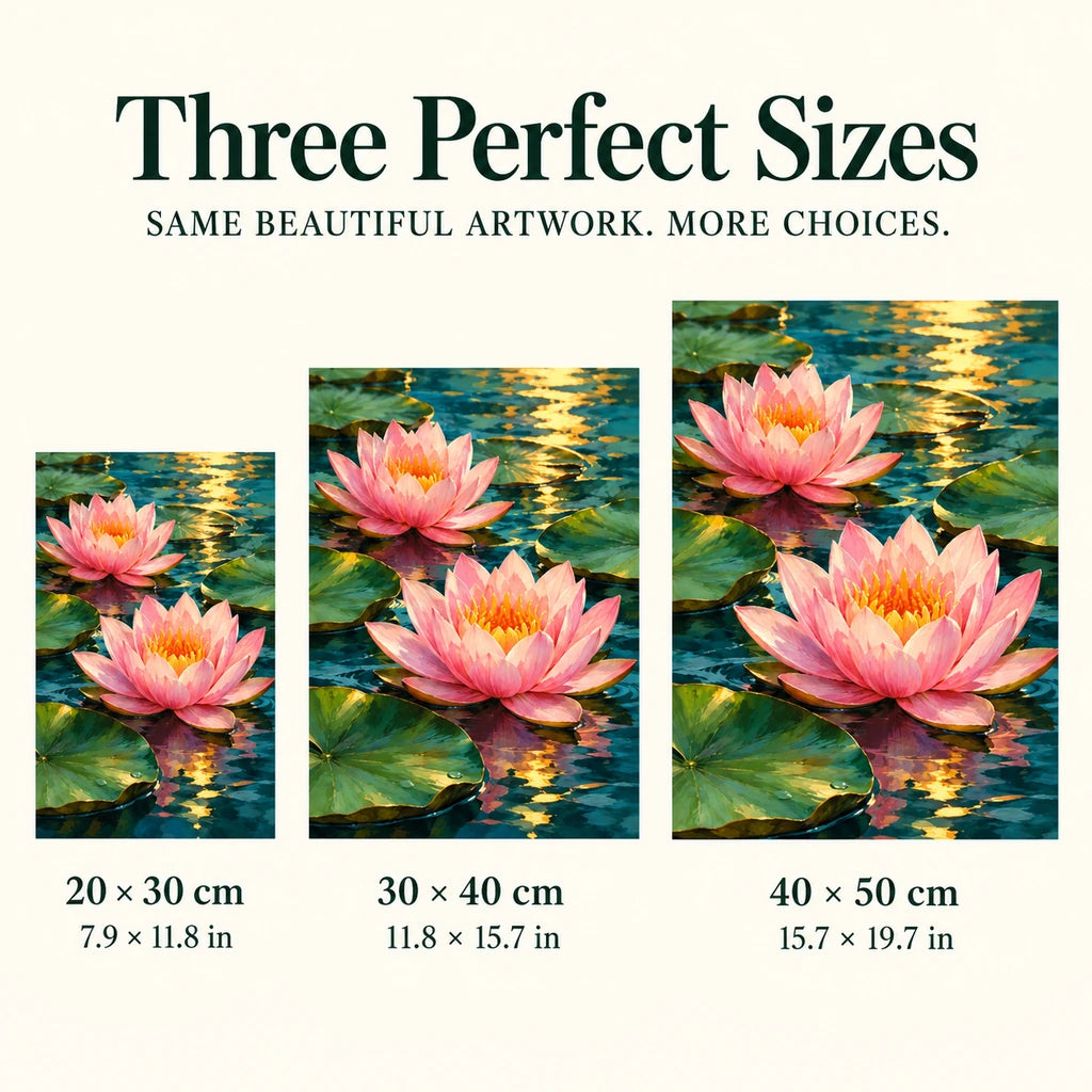 Pink water lilies on a reflective pond: size guide showing three available dimensions
