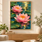 Pink water lilies on a reflective pond: diamond painting displayed as home wall decor