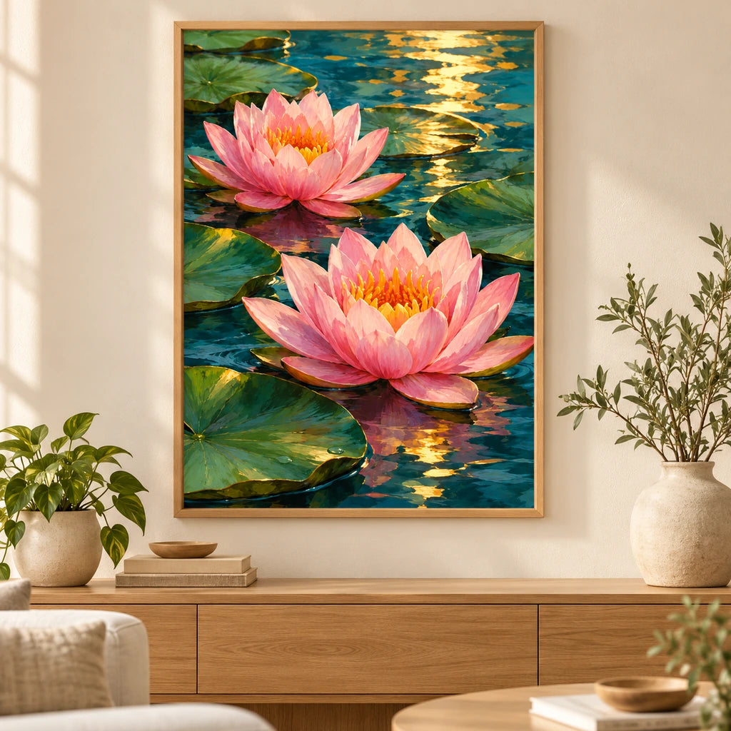 Pink water lilies on a reflective pond: diamond painting displayed as home wall decor