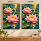 Pink water lilies on a reflective pond: framed and no-frame style comparison