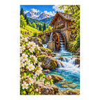 Finished diamond painting of a spring watermill and blossoms on a white background.