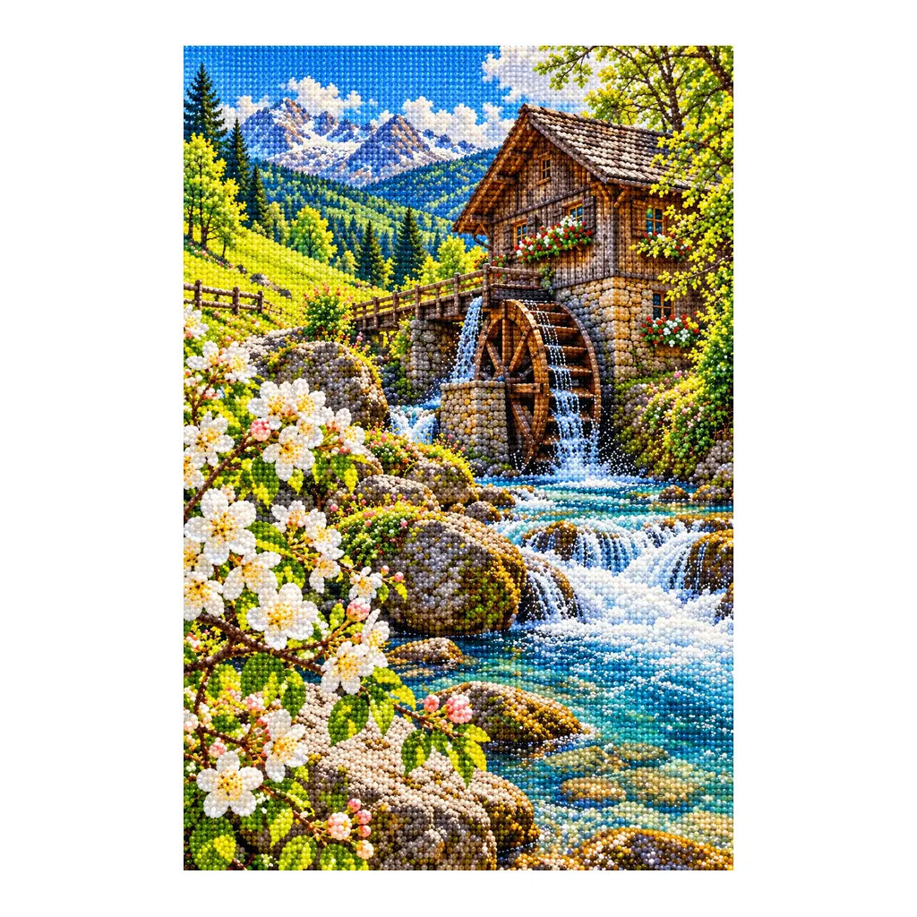 Finished diamond painting of a spring watermill and blossoms on a white background.