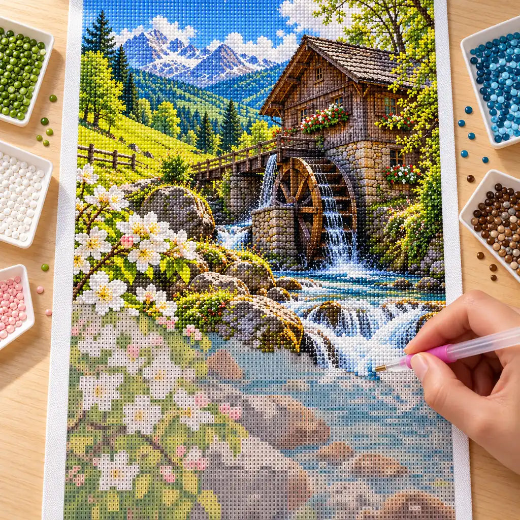 In-progress diamond painting of the watermill spring valley artwork.