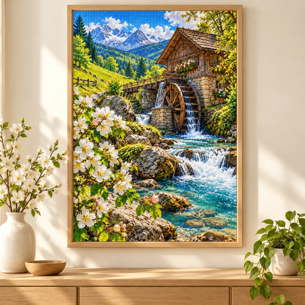 Home decor scene featuring the watermill spring valley diamond painting in a framed display.