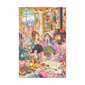 White-background original artwork of two friends relaxing beside a fireplace in a cozy mountain cabin for a diamond painting kit