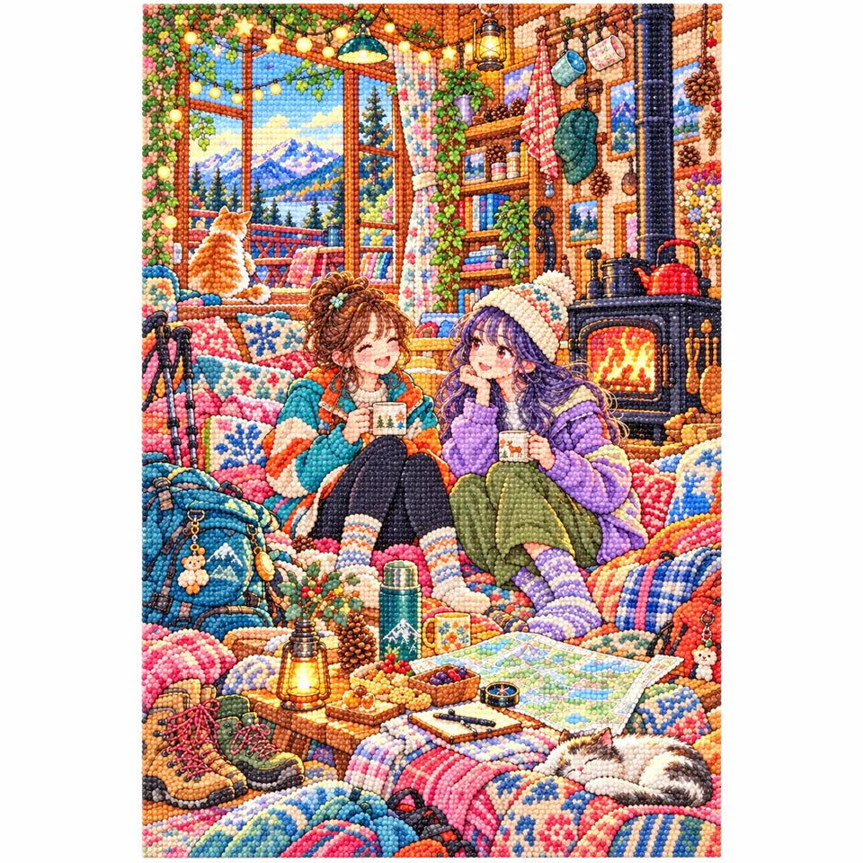 White-background finished diamond painting of two friends relaxing beside a fireplace in a cozy mountain cabin with sparkling drills
