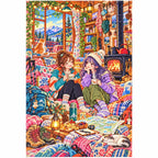 White-background finished diamond painting of two friends relaxing beside a fireplace in a cozy mountain cabin with sparkling drills