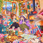 Diamond painting process showing two friends relaxing beside a fireplace in a cozy mountain cabin being completed with a stylus