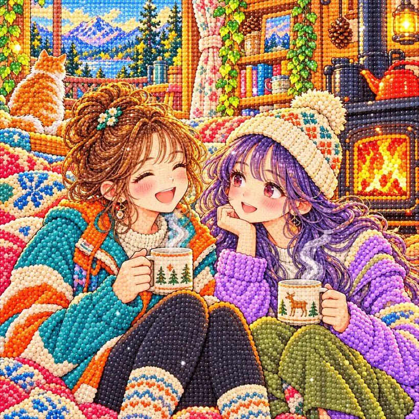 Close-up diamond drill detail of two friends relaxing beside a fireplace in a cozy mountain cabin artwork