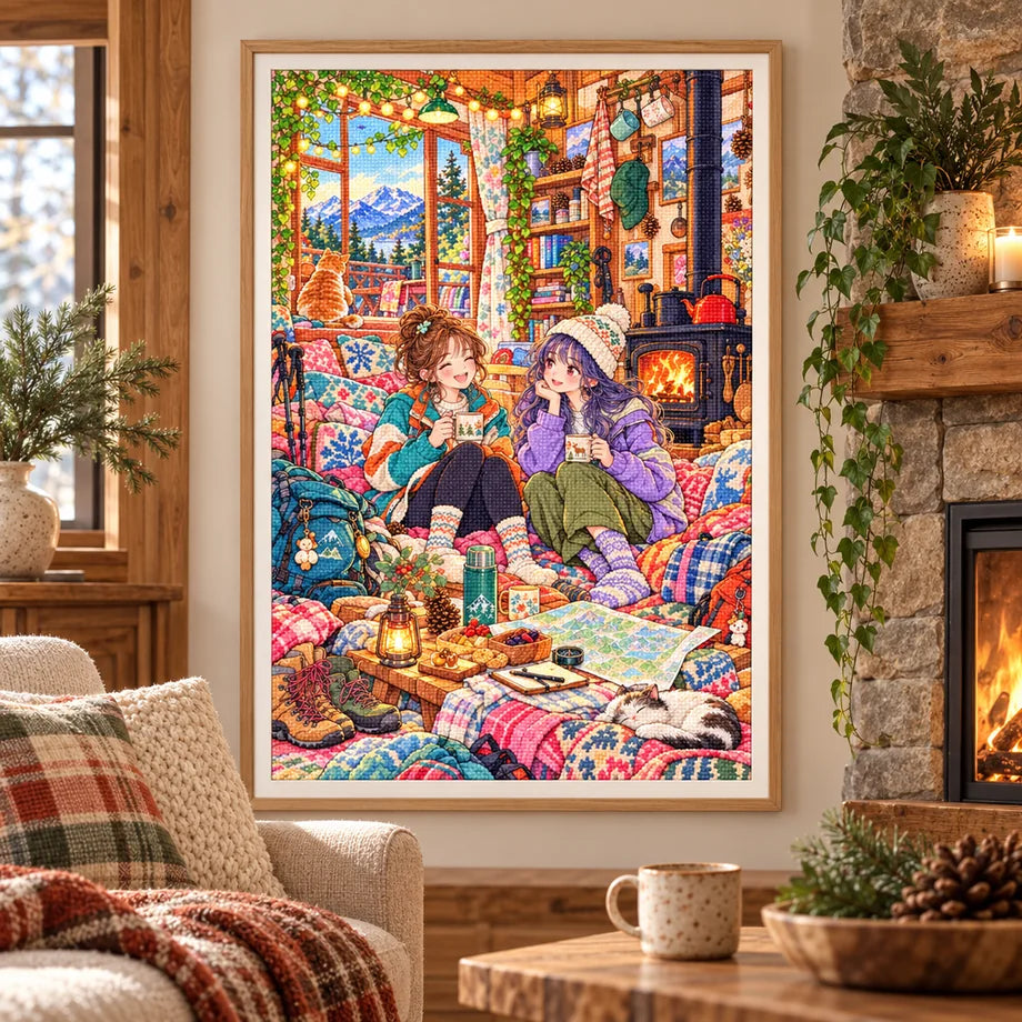 Framed two friends relaxing beside a fireplace in a cozy mountain cabin diamond painting displayed as home decor