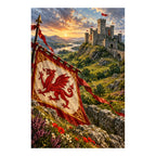 Original Welsh castle artwork with a red dragon banner above a flowered hillside at sunset