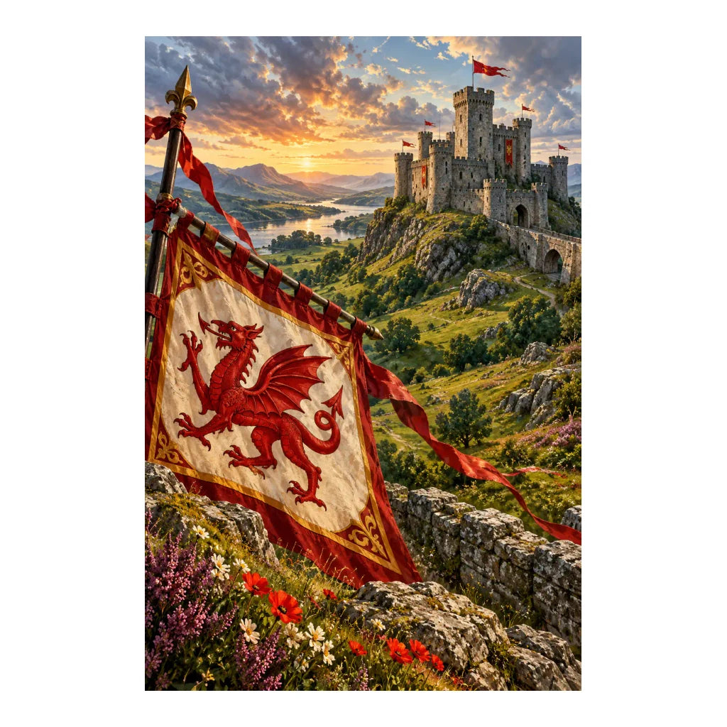 Original Welsh castle artwork with a red dragon banner above a flowered hillside at sunset