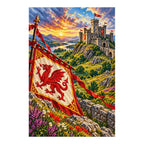 Diamond-finished Welsh castle and red dragon banner artwork on a white background