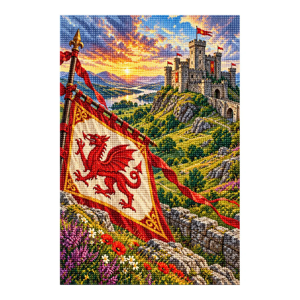 Diamond-finished Welsh castle and red dragon banner artwork on a white background