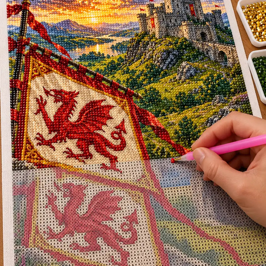 Hand placing diamond drills on the Welsh castle dragon canvas beside trays of drills