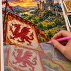 Hand placing diamond drills on the Welsh castle dragon canvas beside trays of drills