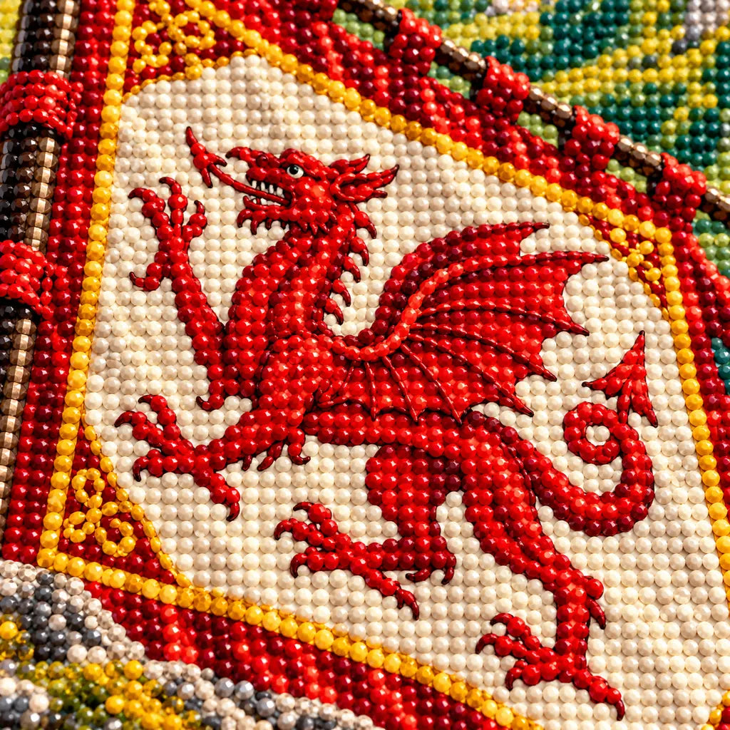 Close-up of faceted drills forming the red dragon banner and castle