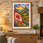 Framed Welsh castle red dragon diamond painting displayed in a warm stone interior