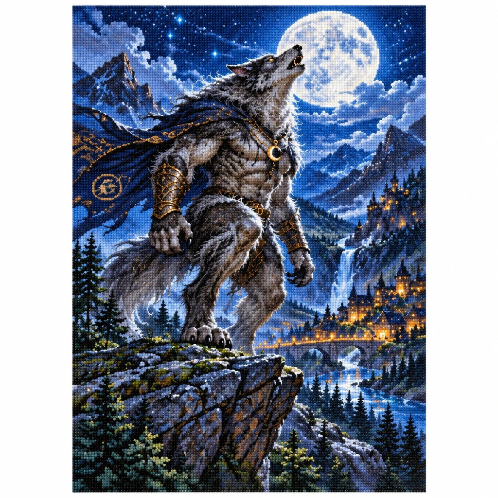 Werewolf Moonlit Mountain Diamond Painting Kit finished diamond artwork on white background