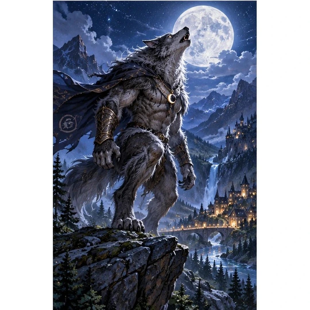 Werewolf Moonlit Mountain Diamond Painting Kit original artwork on white background