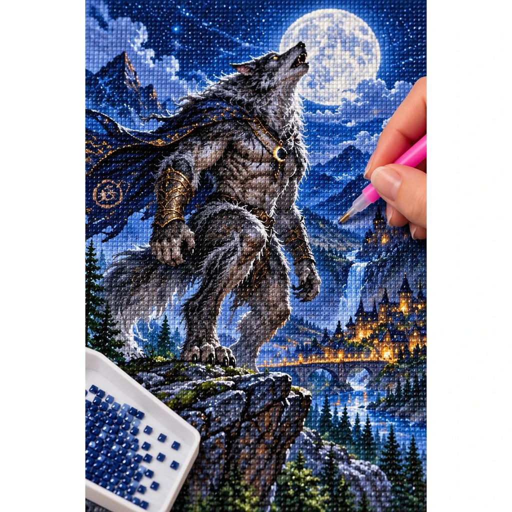 Werewolf Moonlit Mountain Diamond Painting Kit diamond placement process