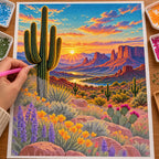 A hand places drills on the Western Mesa cactus diamond painting canvas.