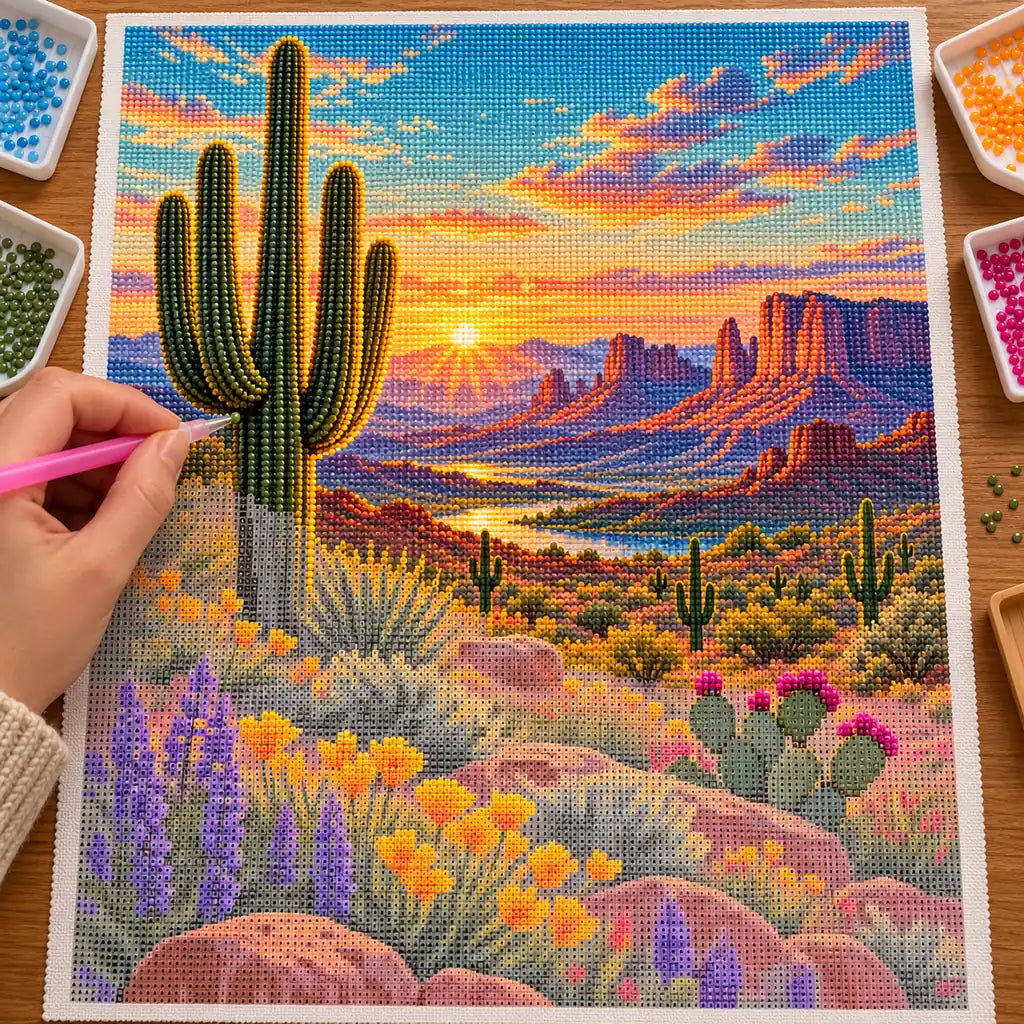 A hand places drills on the Western Mesa cactus diamond painting canvas.