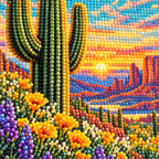 Close-up of faceted drills forming the tall saguaro and colorful desert landscape.