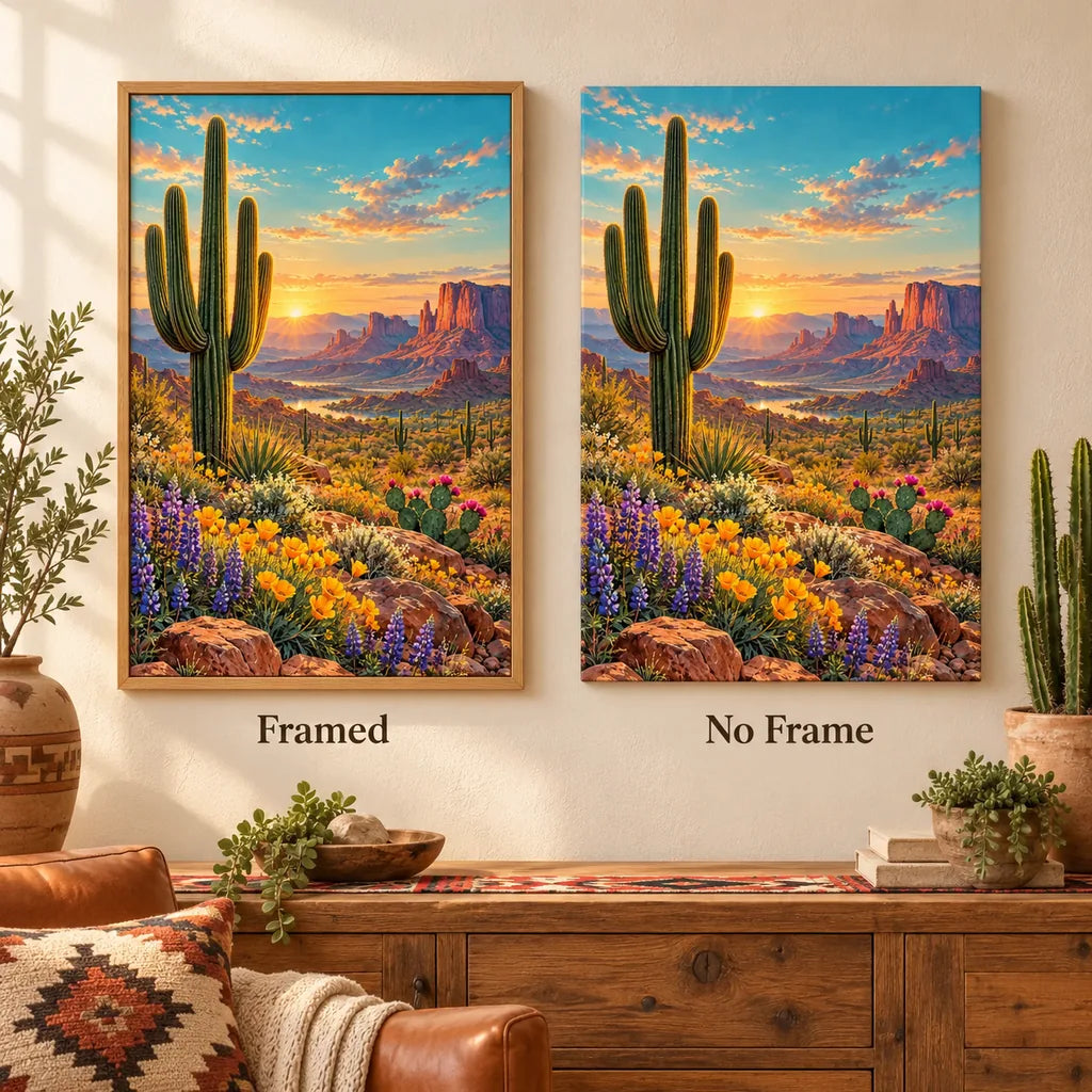 Framed and no-frame Western Mesa cactus diamond painting styles compared.