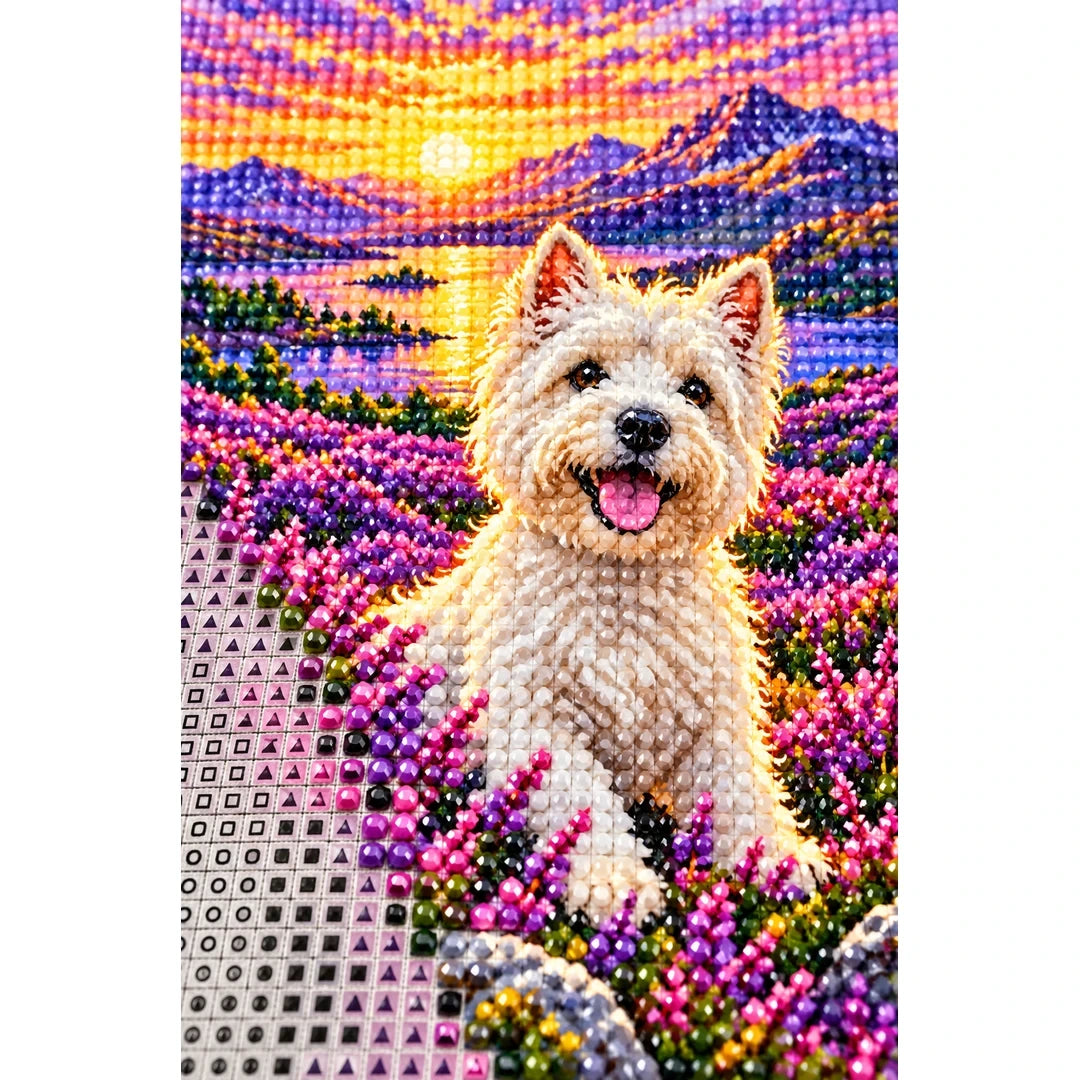 Westie Scottish Heather Field Diamond Painting Kit — canvas and drill material detail