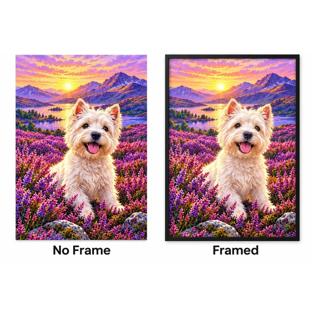 Westie Scottish Heather Field Diamond Painting Kit — No Frame and Framed style comparison