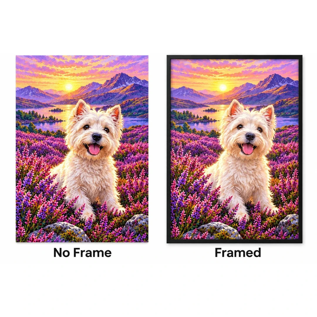Westie Scottish Heather Field Diamond Painting Kit — No Frame and Framed style comparison
