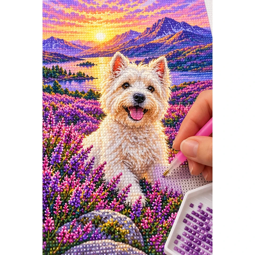 Westie Scottish Heather Field Diamond Painting Kit — diamond painting application process