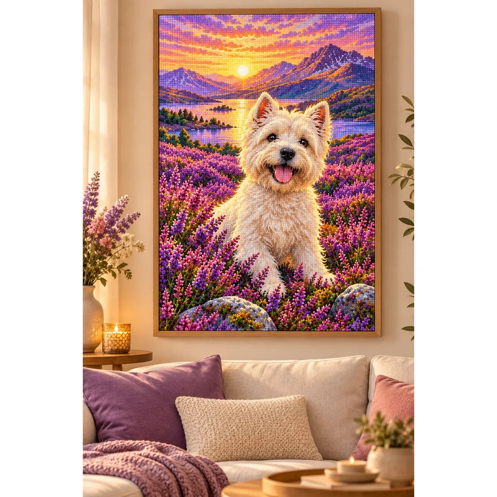 Westie Scottish Heather Field Diamond Painting Kit — finished diamond painting in a home setting
